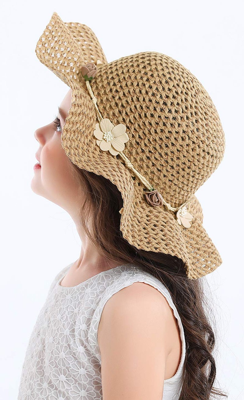 Bienvenu Kids Summer Wide Brim Hat Bowknot Beach Sun Protection Hats for Girls,Khaki - Image 5
